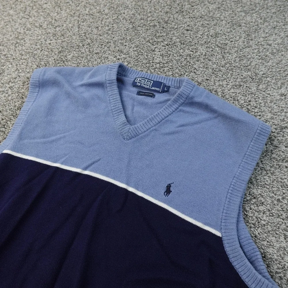 VTG Polo Ralph Lauren Sweater Vest Mens L Blue V Neck Knit Pullover Pony Grandpa